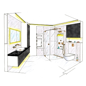 Entwurf für ein modernes Bad in schwarz weiß und gold